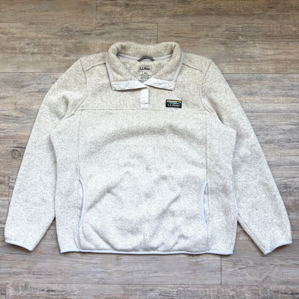 L.L.Bean Pullover Fleece Quarter Button Oatmeal Size Large Petite Soft Girl